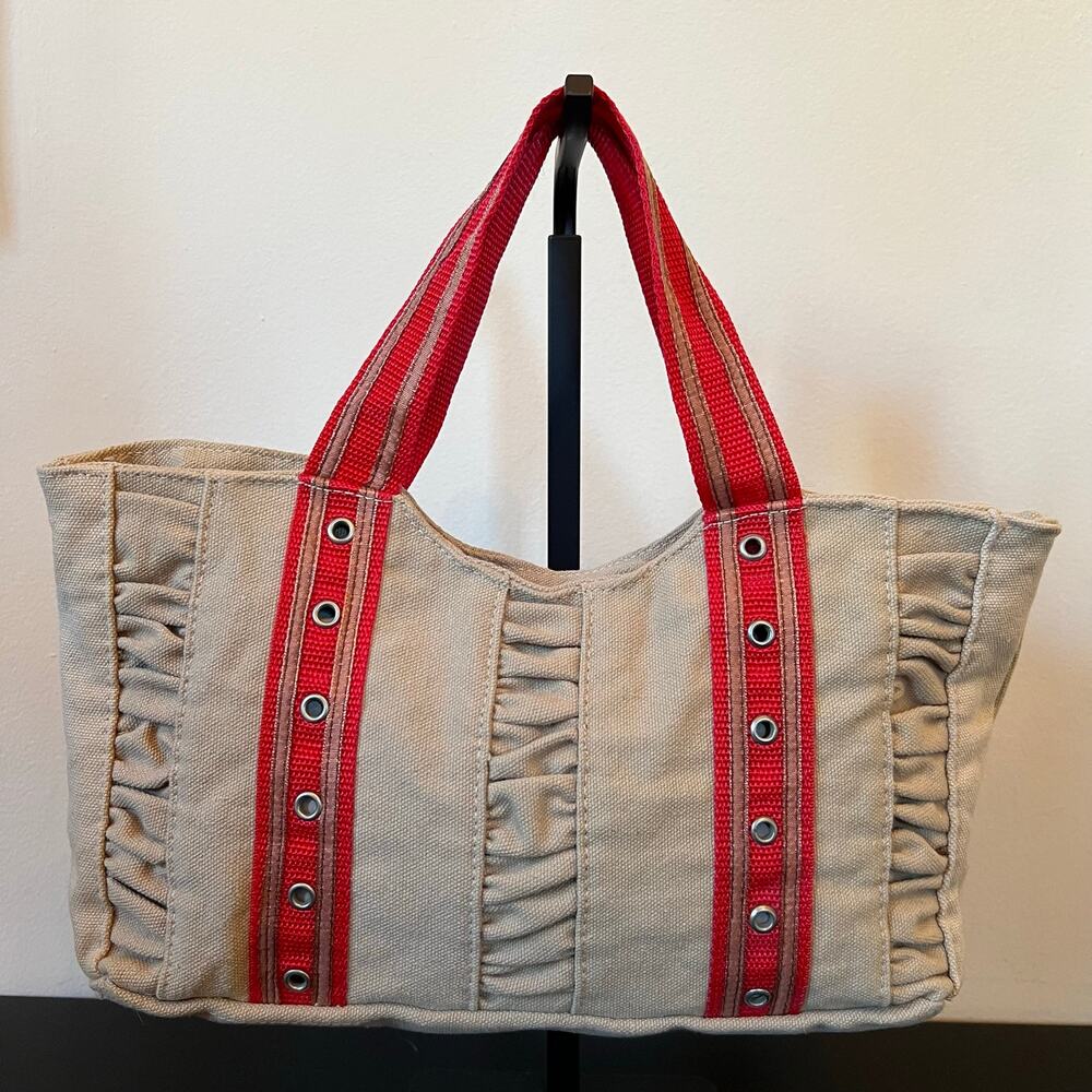 Club Med Cotton Canvas Zippered Tote Ruched Grommet Shoulder Bag Khaki Hot Coral
